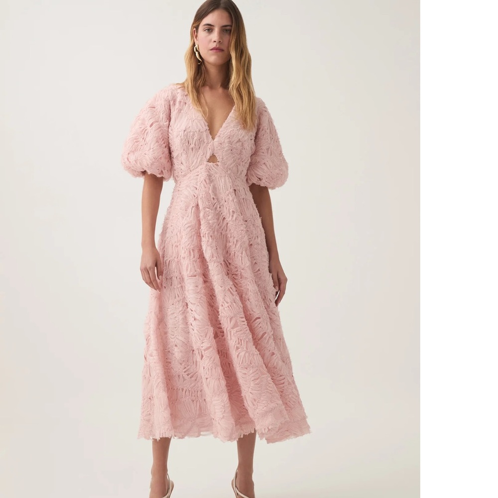 Blush Pink Textured Puff-Sleeve Midi Dress